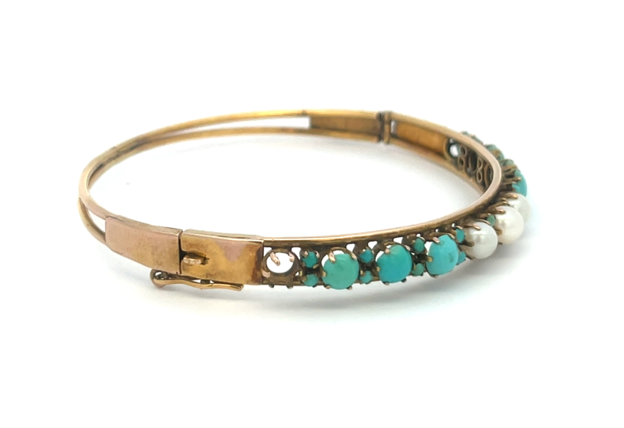 Antique 14K Gold Turquoise & Pearl Hinged Bangle