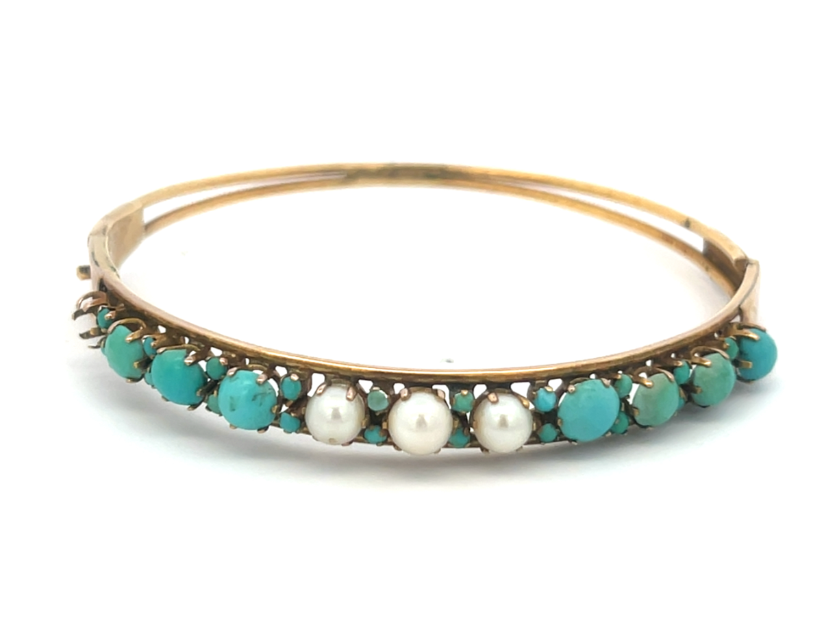 Antique 14K Gold Turquoise & Pearl Hinged Bangle