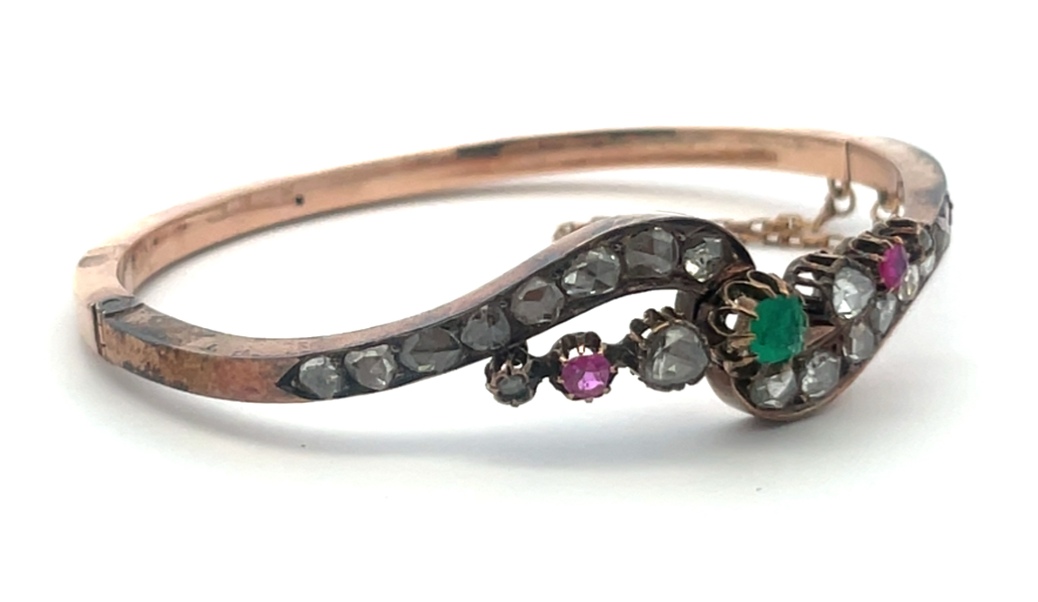 Victorian Rose-Cut Diamond Bracelet – Emerald & Ruby Cluster