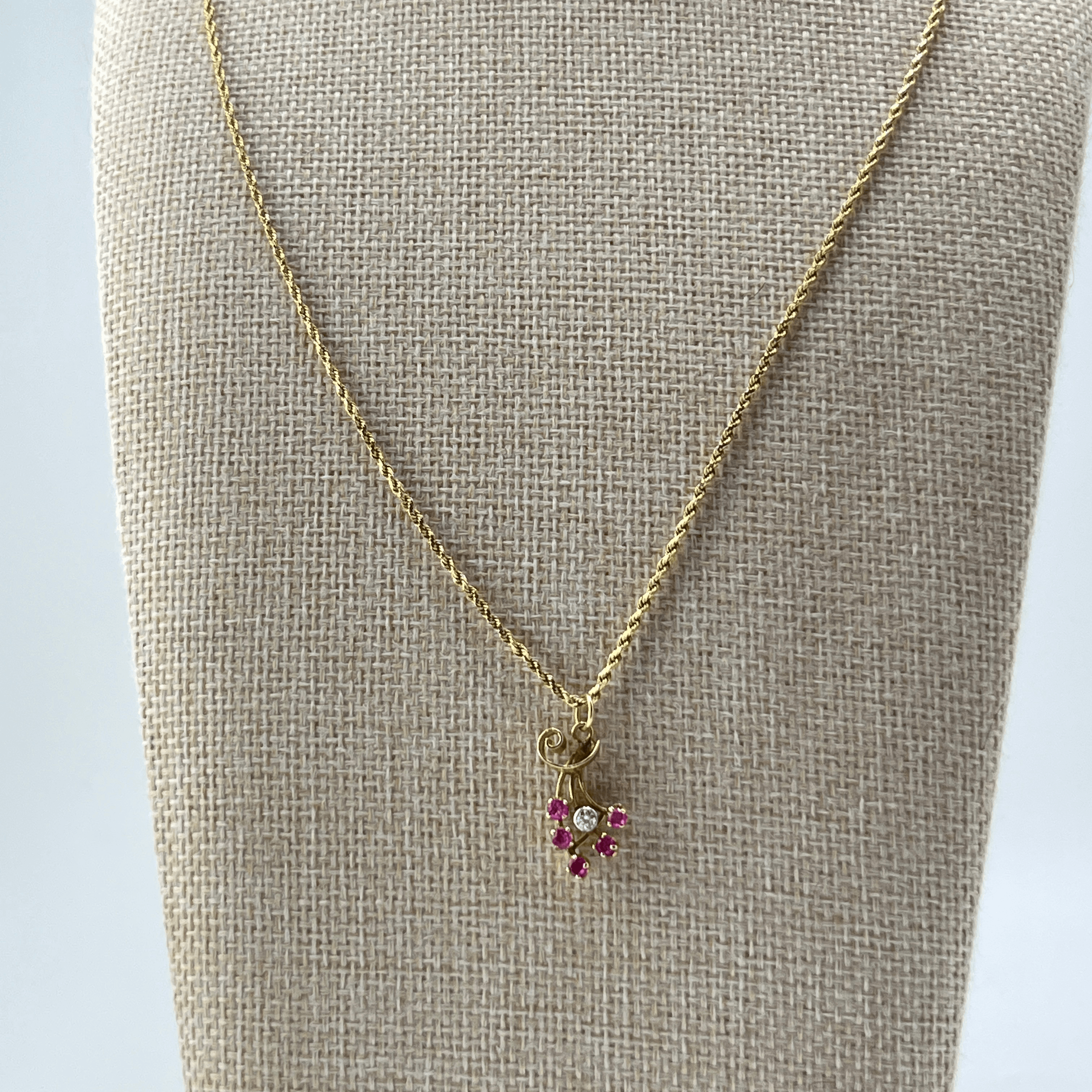 14K Gold Ruby Cluster Flower Necklace with Diamond Center