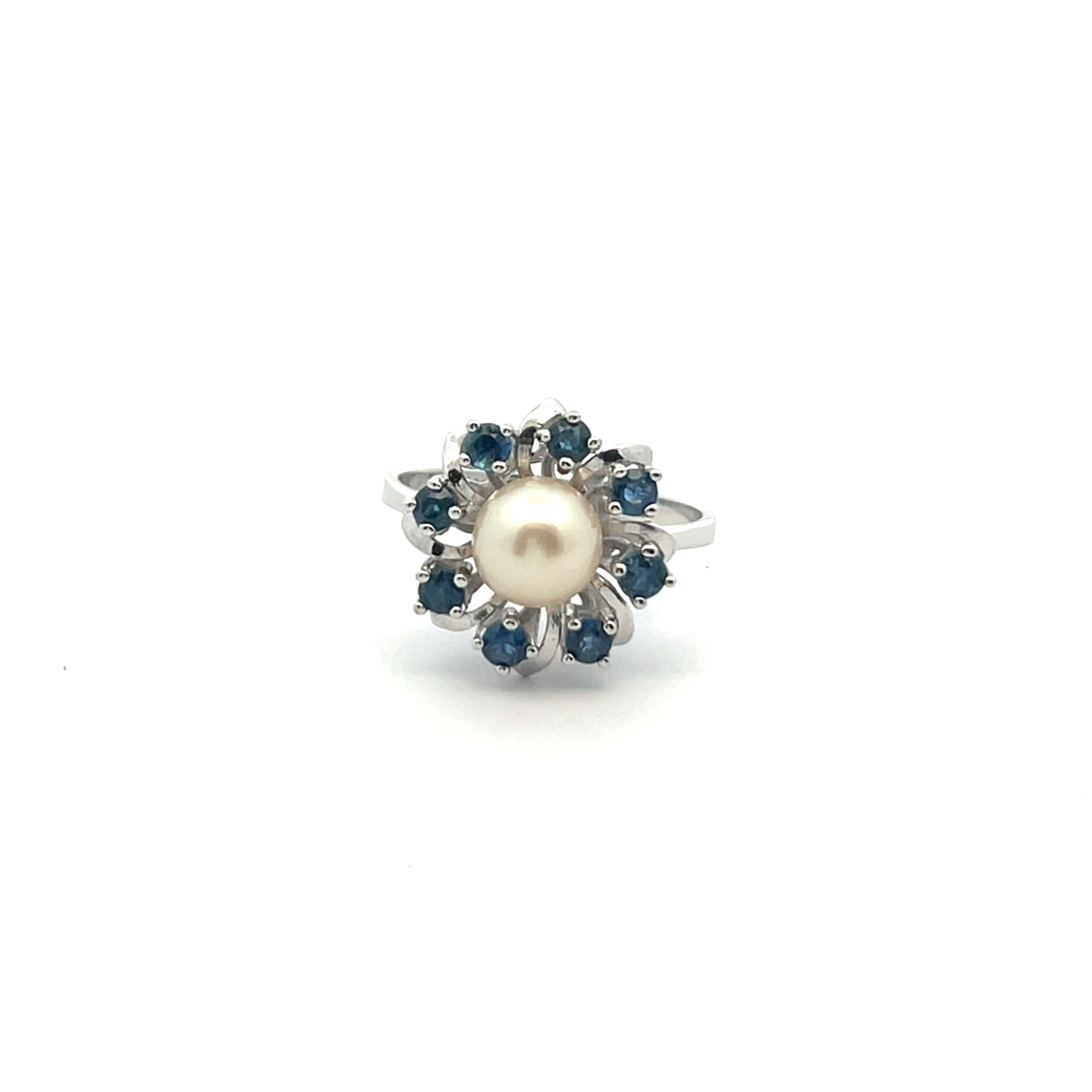 Vintage Pearl & Blue Sapphire Halo Ring - Sterling Silver
