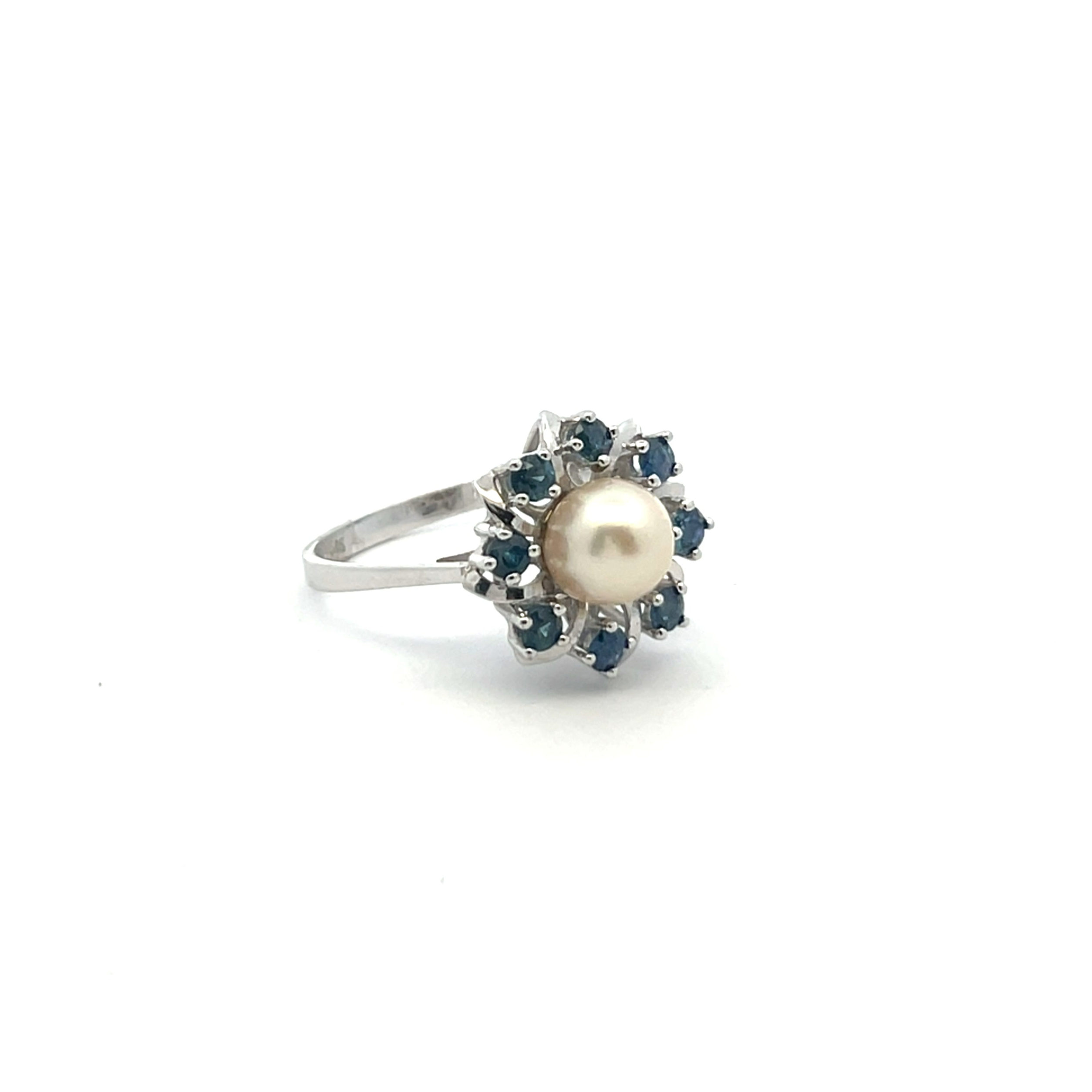 Vintage Pearl & Blue Sapphire Halo Ring - Sterling Silver