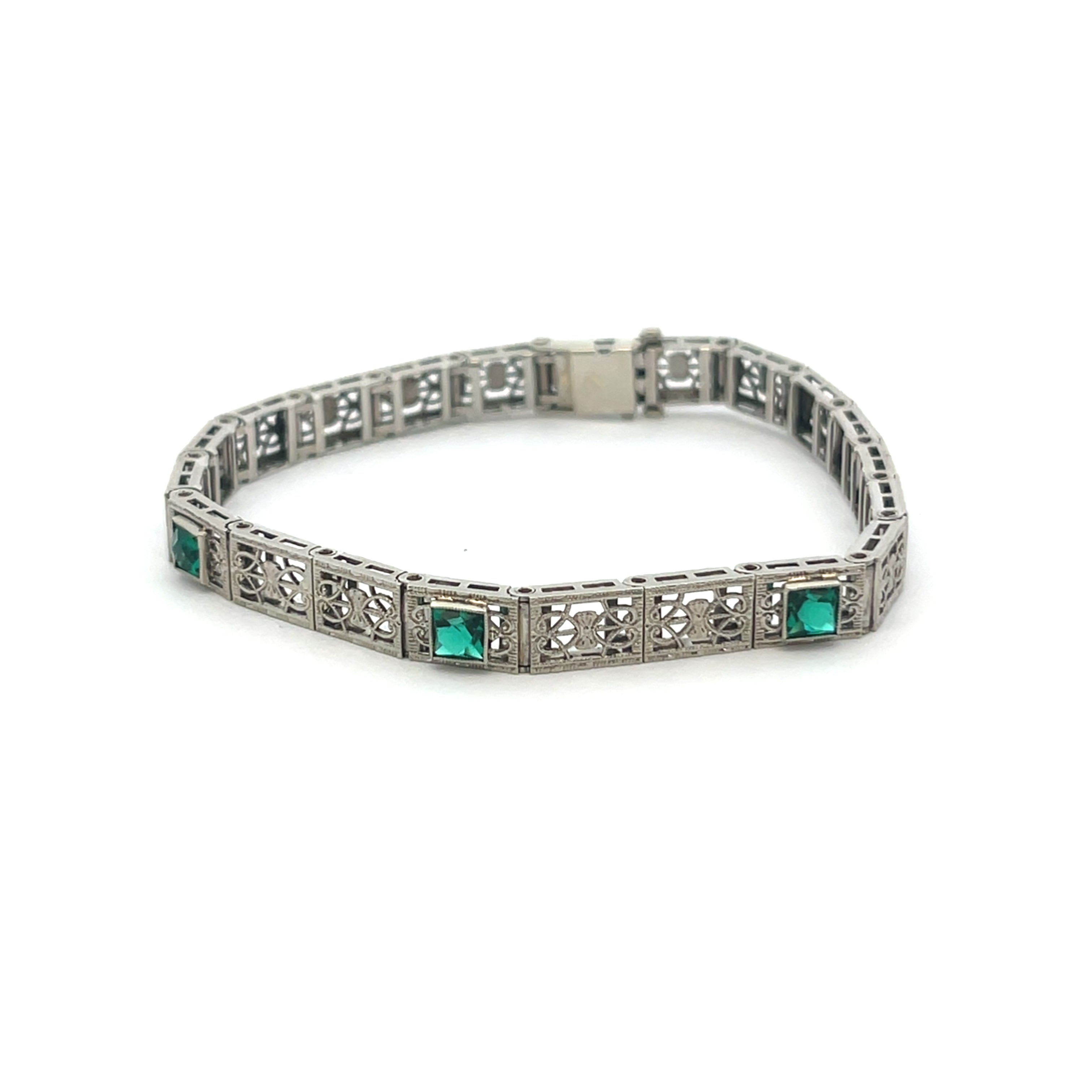 Art Deco Sterling Silver & Emerald Link Bracelet