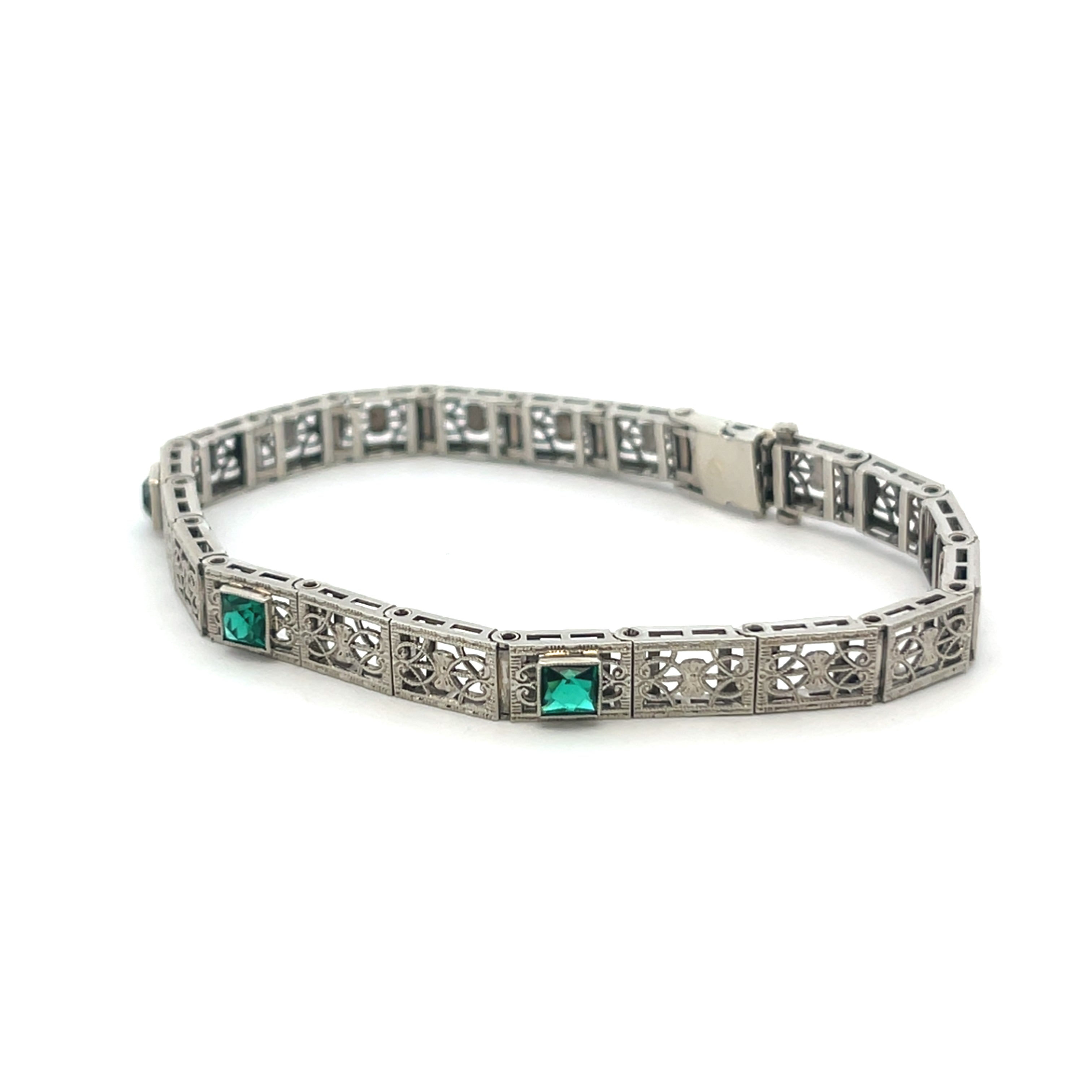 Art Deco Sterling Silver & Emerald Link Bracelet
