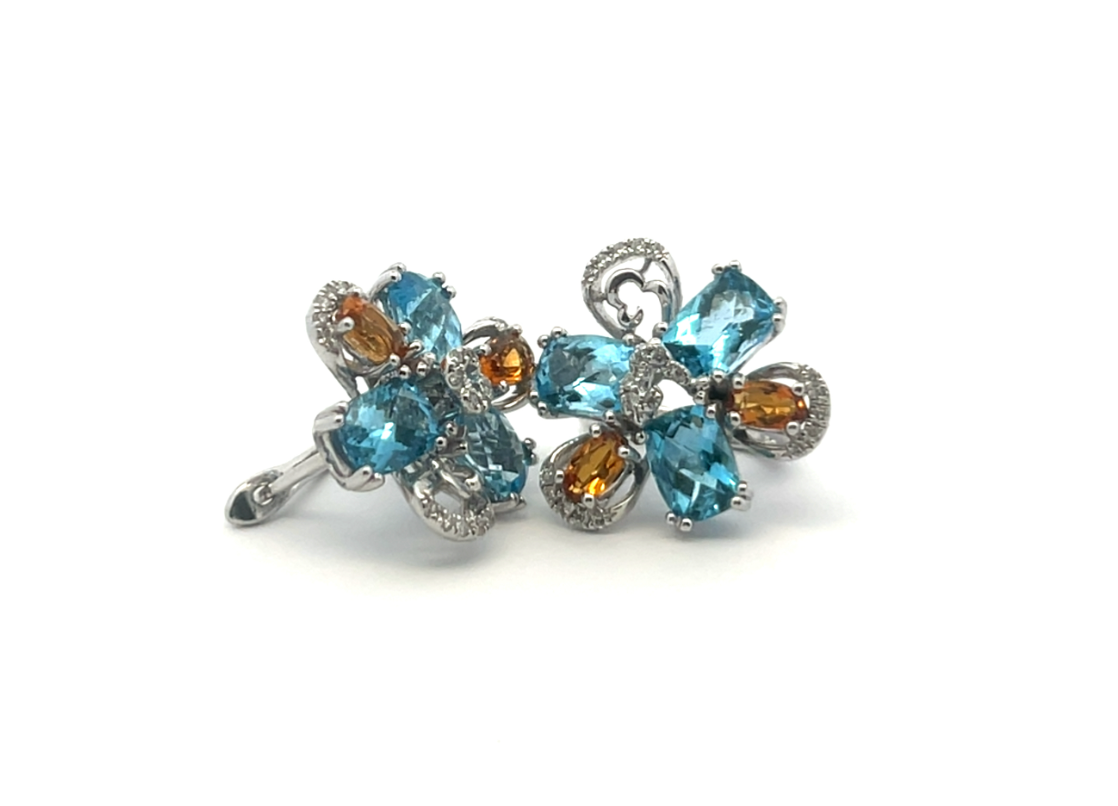 Blue Topaz & Citrine Floral Statement Earrings – White Gold