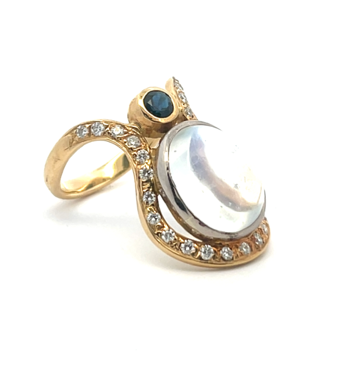 Gold Angel Pendant with Moonstone & Sapphire Accent